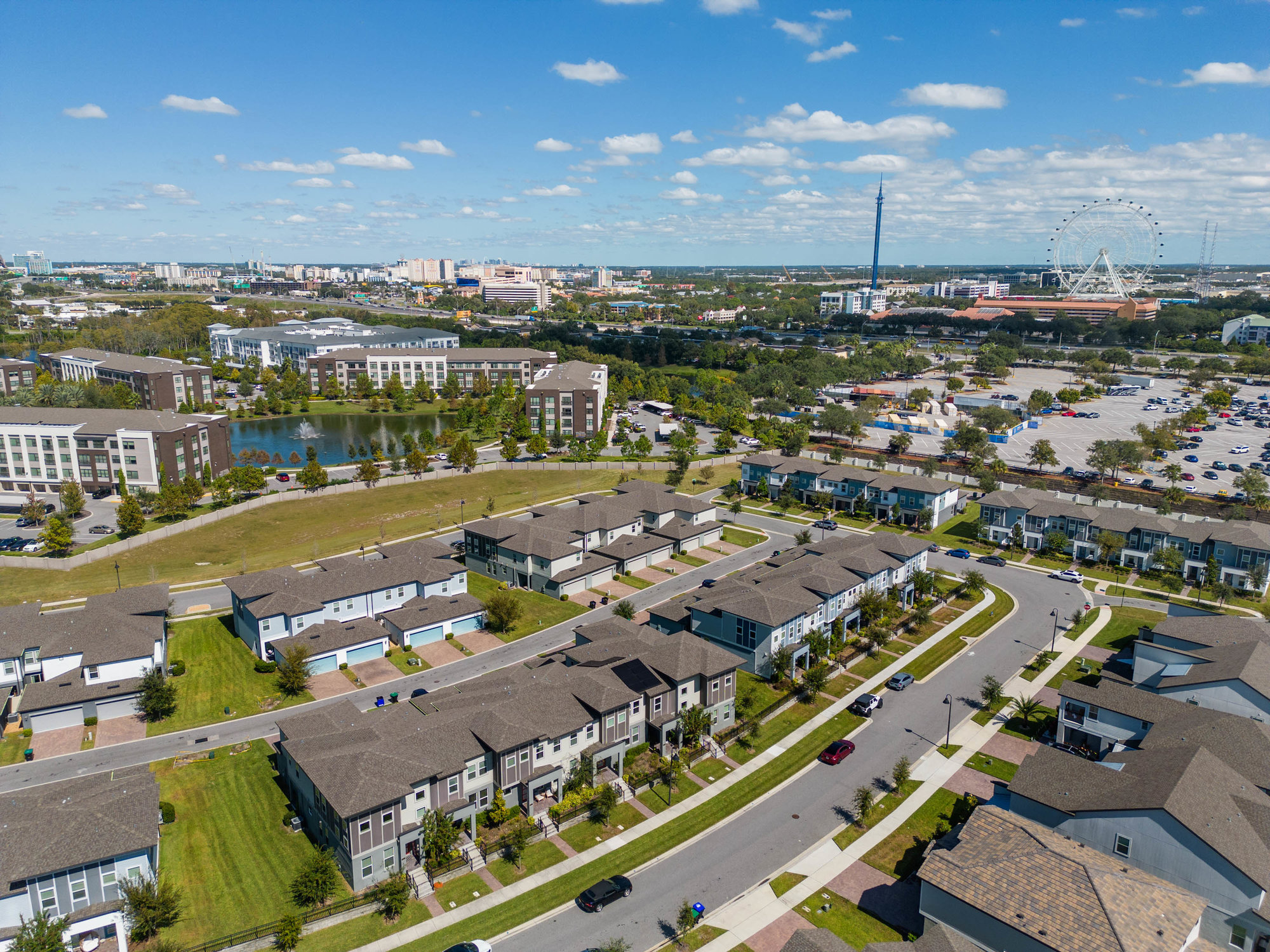 drone shot of sand lake sound with townhomes and icon park